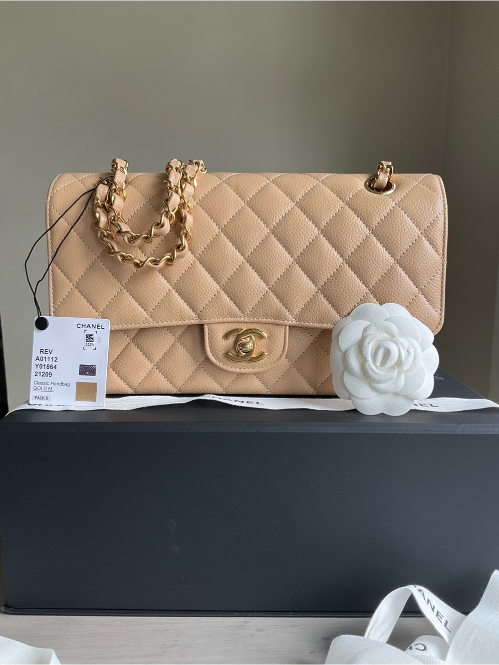Chanel Beige Clair Caviar Medium Classic Flap